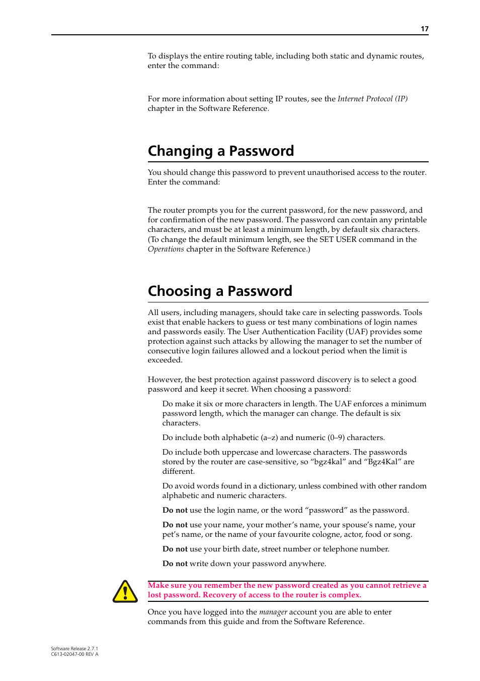 Changing a password, Choosing a password, Changing a password choosing a password | Allied Telesis AR700 SERIES Software Release 2.7.1 User Manual | Page 17 / 118