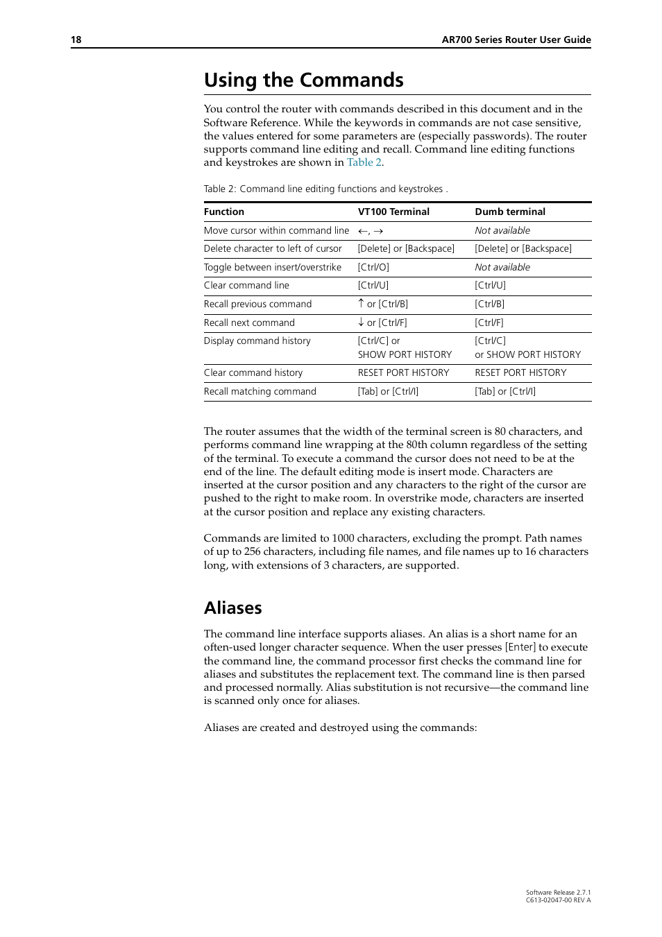 Using the commands, Aliases, Using the | Allied Telesis AR700 SERIES Software Release 2.7.1 User Manual | Page 18 / 118