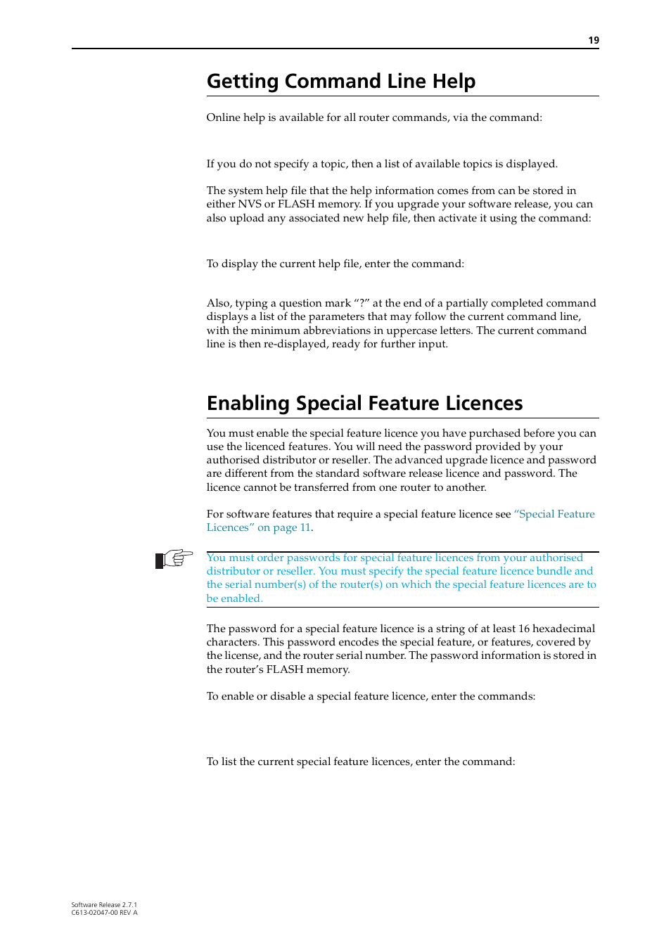 Getting command line help, Enabling special feature licences, Getting | Enabling special feature | Allied Telesis AR700 SERIES Software Release 2.7.1 User Manual | Page 19 / 118