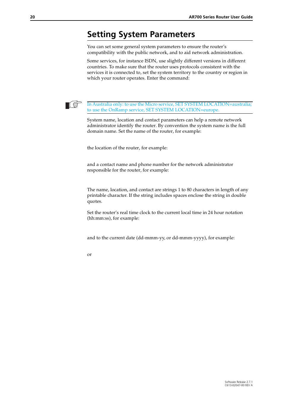 Setting system parameters, Setting | Allied Telesis AR700 SERIES Software Release 2.7.1 User Manual | Page 20 / 118