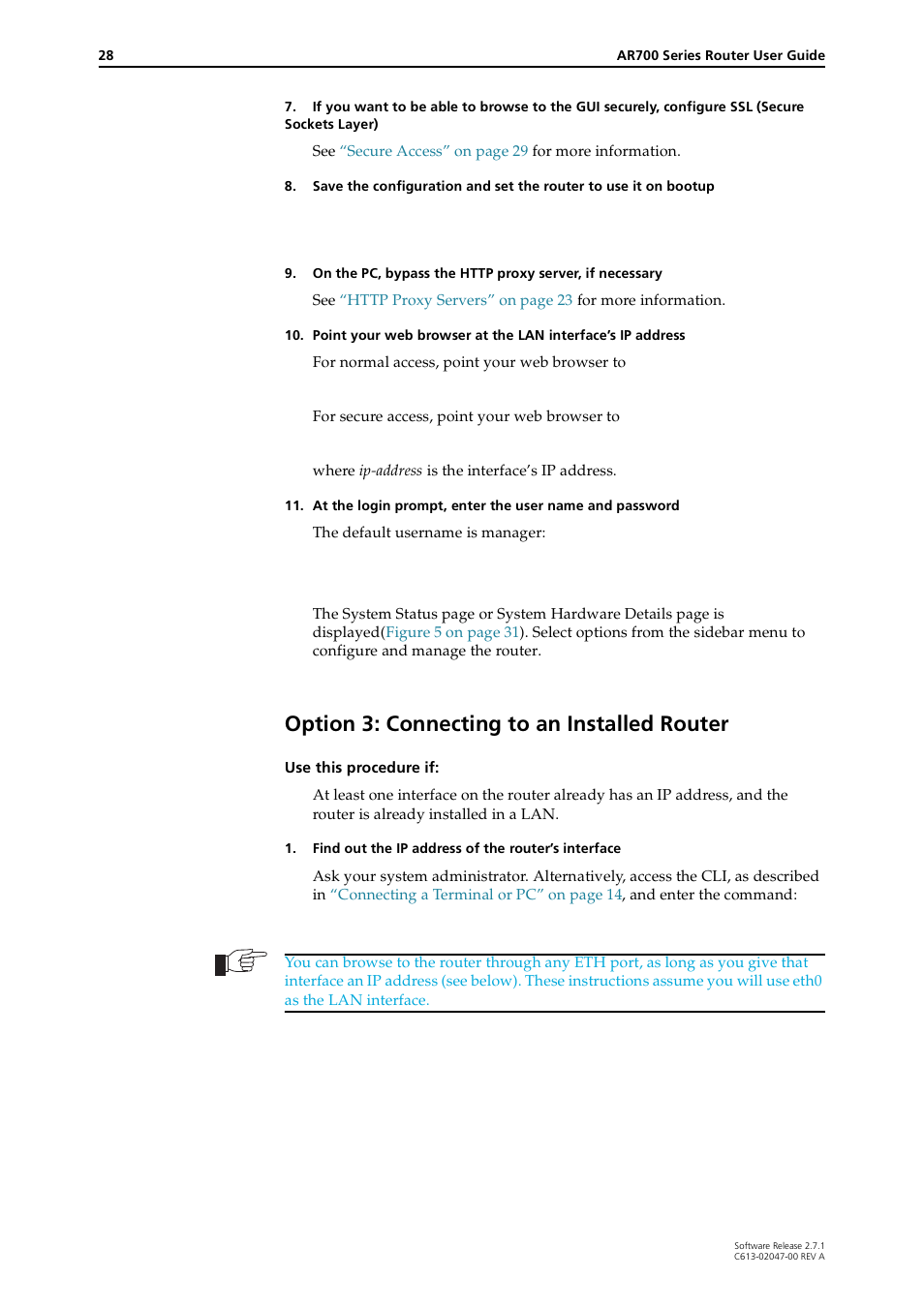 Option 3: connecting, To an installed router” on, Option 3: connecting to an installed router | Allied Telesis AR700 SERIES Software Release 2.7.1 User Manual | Page 28 / 118