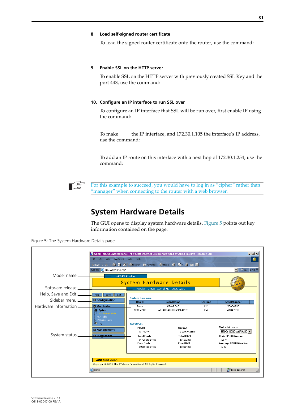 System hardware details | Allied Telesis AR700 SERIES Software Release 2.7.1 User Manual | Page 31 / 118