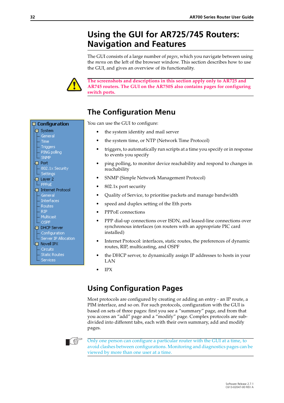 The configuration menu, Using configuration pages | Allied Telesis AR700 SERIES Software Release 2.7.1 User Manual | Page 32 / 118
