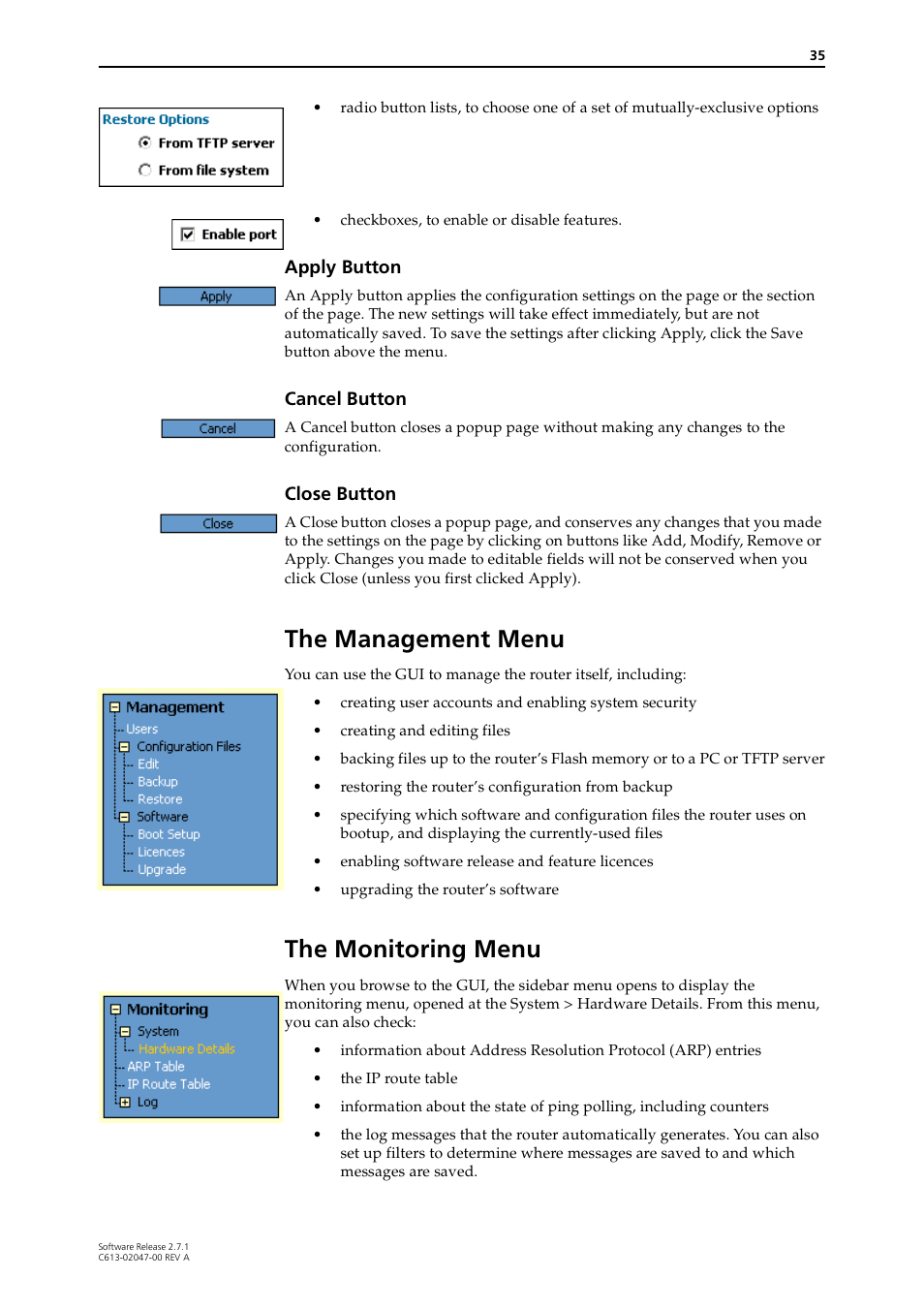 The management menu, The monitoring menu, The management menu the monitoring menu | Allied Telesis AR700 SERIES Software Release 2.7.1 User Manual | Page 35 / 118