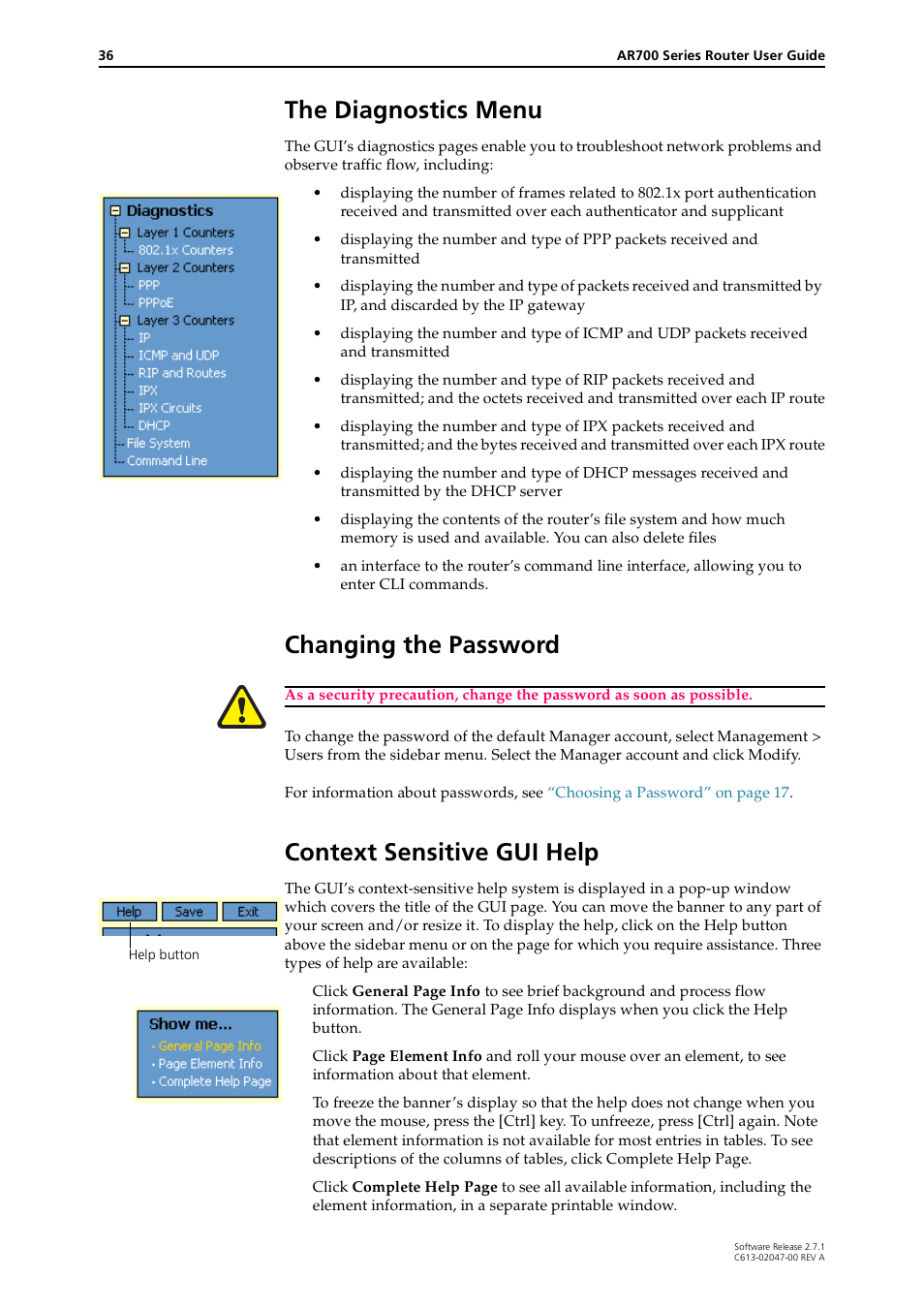 The diagnostics menu, Changing the password, Context sensitive gui help | Changing the password context sensitive gui help | Allied Telesis AR700 SERIES Software Release 2.7.1 User Manual | Page 36 / 118