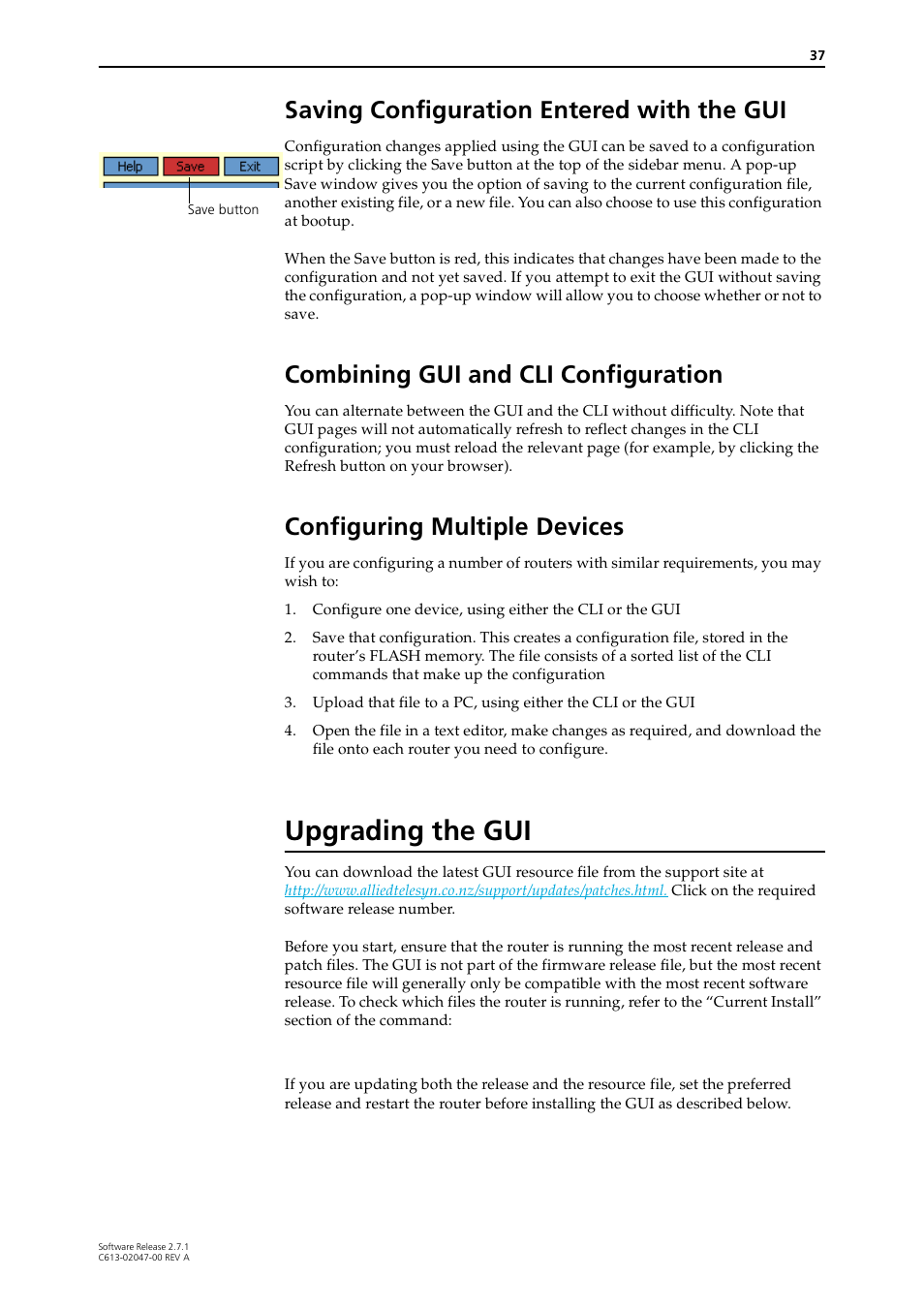 Saving configuration entered with the gui, Combining gui and cli configuration, Configuring multiple devices | Upgrading the gui | Allied Telesis AR700 SERIES Software Release 2.7.1 User Manual | Page 37 / 118