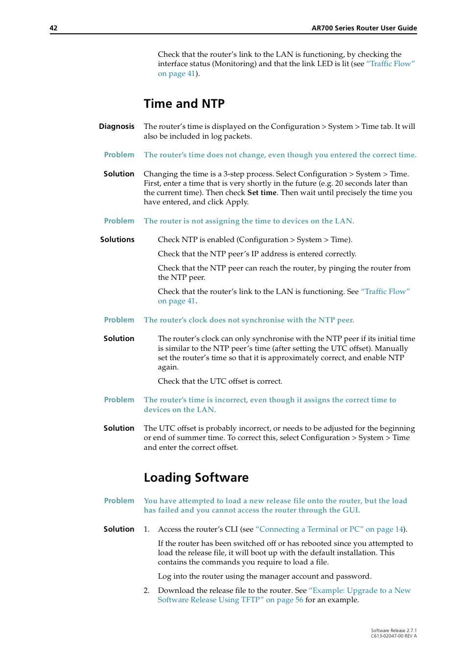 Time and ntp, Loading software, Time and ntp loading software | Allied Telesis AR700 SERIES Software Release 2.7.1 User Manual | Page 42 / 118