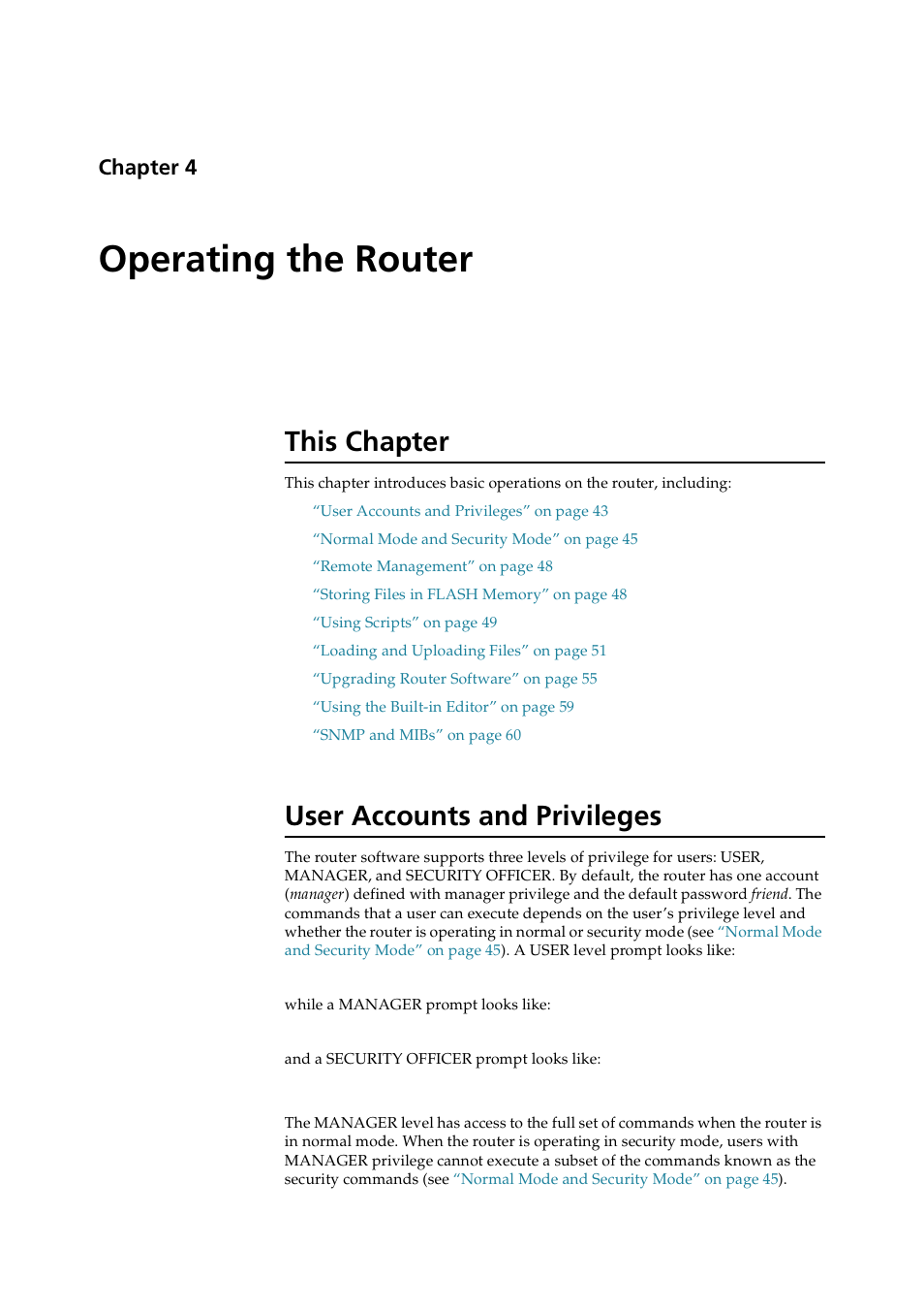 Operating the router, This chapter, User accounts and privileges | Chapter 4, This chapter user accounts and privileges, Chapter 4, operating the router | Allied Telesis AR700 SERIES Software Release 2.7.1 User Manual | Page 43 / 118