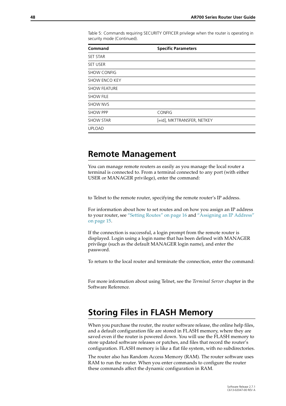 Remote management, Storing files in flash memory, Remote management storing files in flash memory | Allied Telesis AR700 SERIES Software Release 2.7.1 User Manual | Page 48 / 118