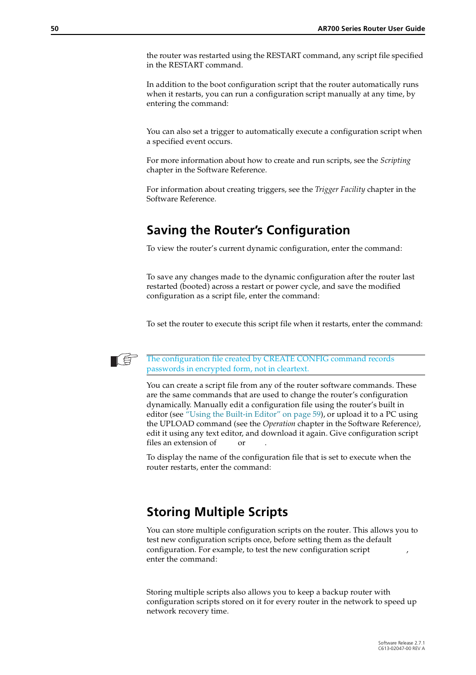 Saving the router’s configuration, Storing multiple scripts | Allied Telesis AR700 SERIES Software Release 2.7.1 User Manual | Page 50 / 118