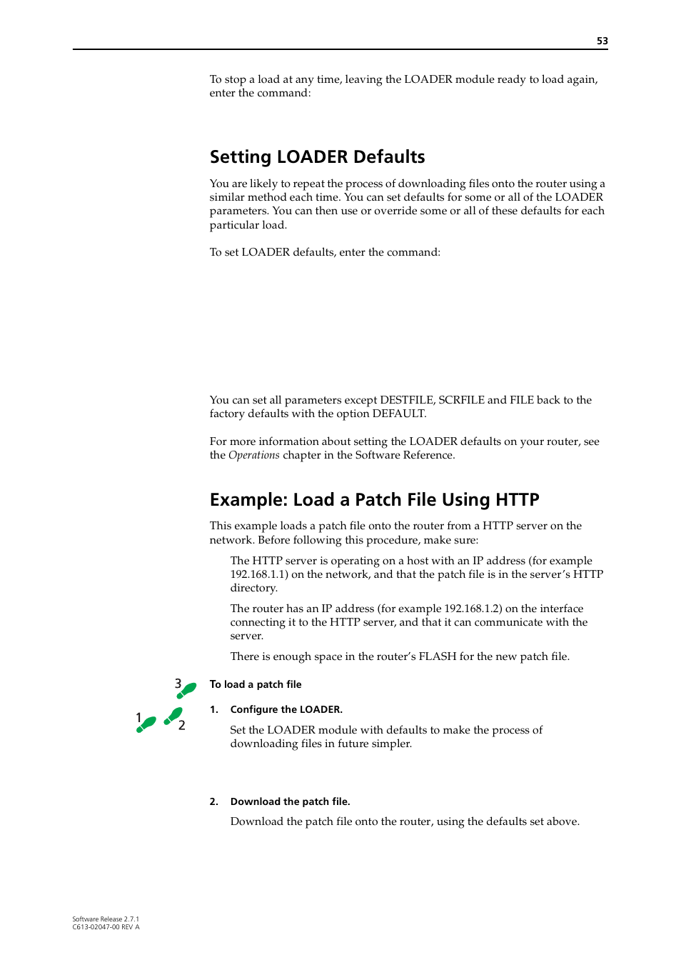 Setting loader defaults, Example: load a patch file using http | Allied Telesis AR700 SERIES Software Release 2.7.1 User Manual | Page 53 / 118