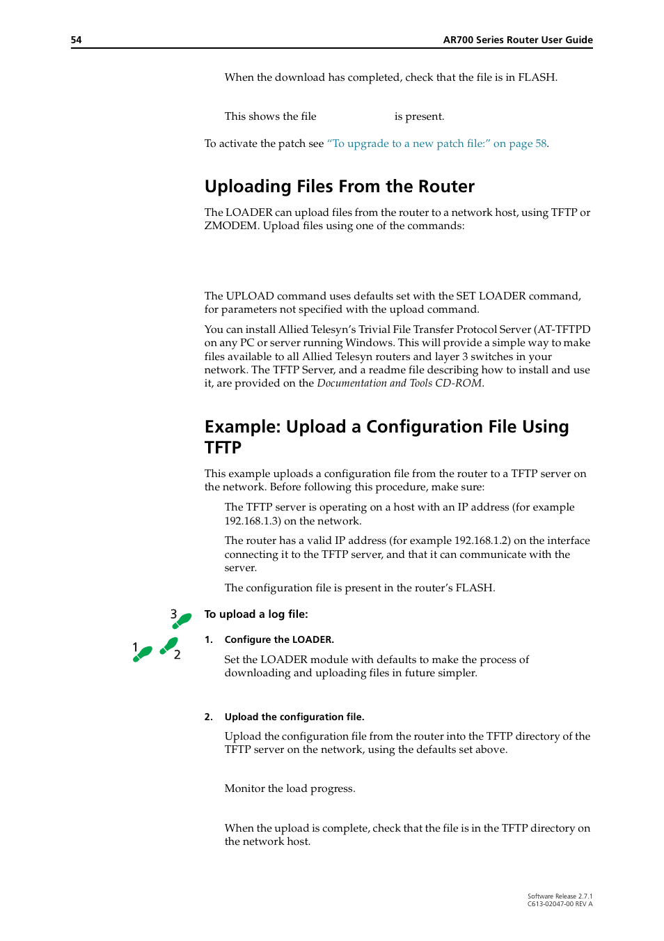 Uploading files from the router, Example: upload a configuration file using tftp | Allied Telesis AR700 SERIES Software Release 2.7.1 User Manual | Page 54 / 118