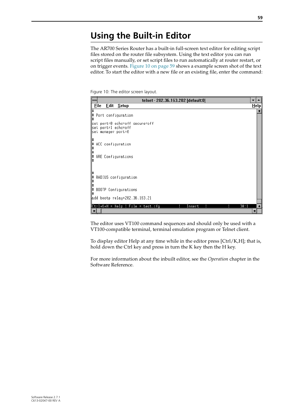 Using the built-in editor | Allied Telesis AR700 SERIES Software Release 2.7.1 User Manual | Page 59 / 118