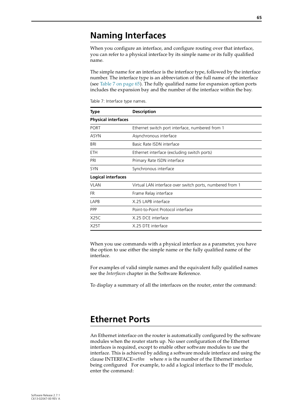 Naming interfaces, Ethernet ports, Naming interfaces ethernet ports | Allied Telesis AR700 SERIES Software Release 2.7.1 User Manual | Page 65 / 118
