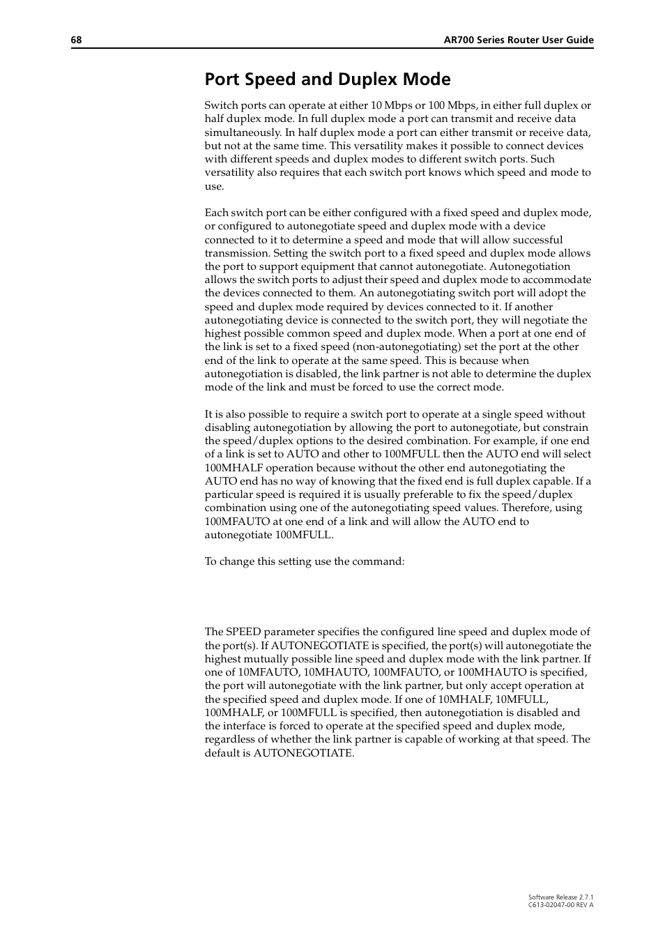 Port speed and duplex mode | Allied Telesis AR700 SERIES Software Release 2.7.1 User Manual | Page 68 / 118
