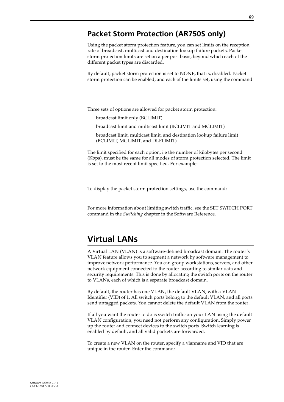 Packet storm protection (ar750s only), Virtual lans | Allied Telesis AR700 SERIES Software Release 2.7.1 User Manual | Page 69 / 118