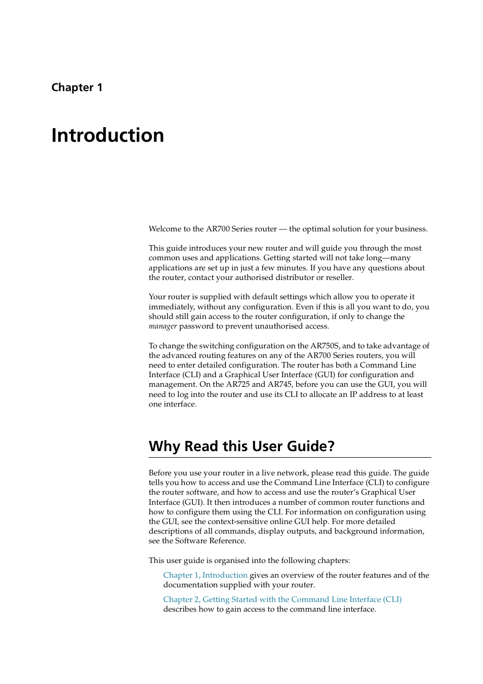 Introduction, Why read this user guide, Chapter 1 | Allied Telesis AR700 SERIES Software Release 2.7.1 User Manual | Page 7 / 118