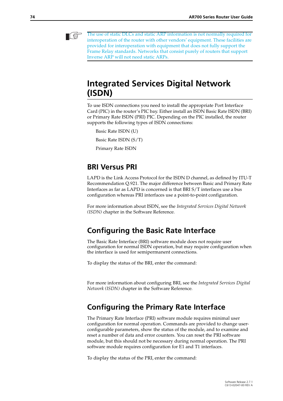 Integrated services digital network (isdn), Bri versus pri, Configuring the basic rate interface | Configuring the primary rate interface | Allied Telesis AR700 SERIES Software Release 2.7.1 User Manual | Page 74 / 118