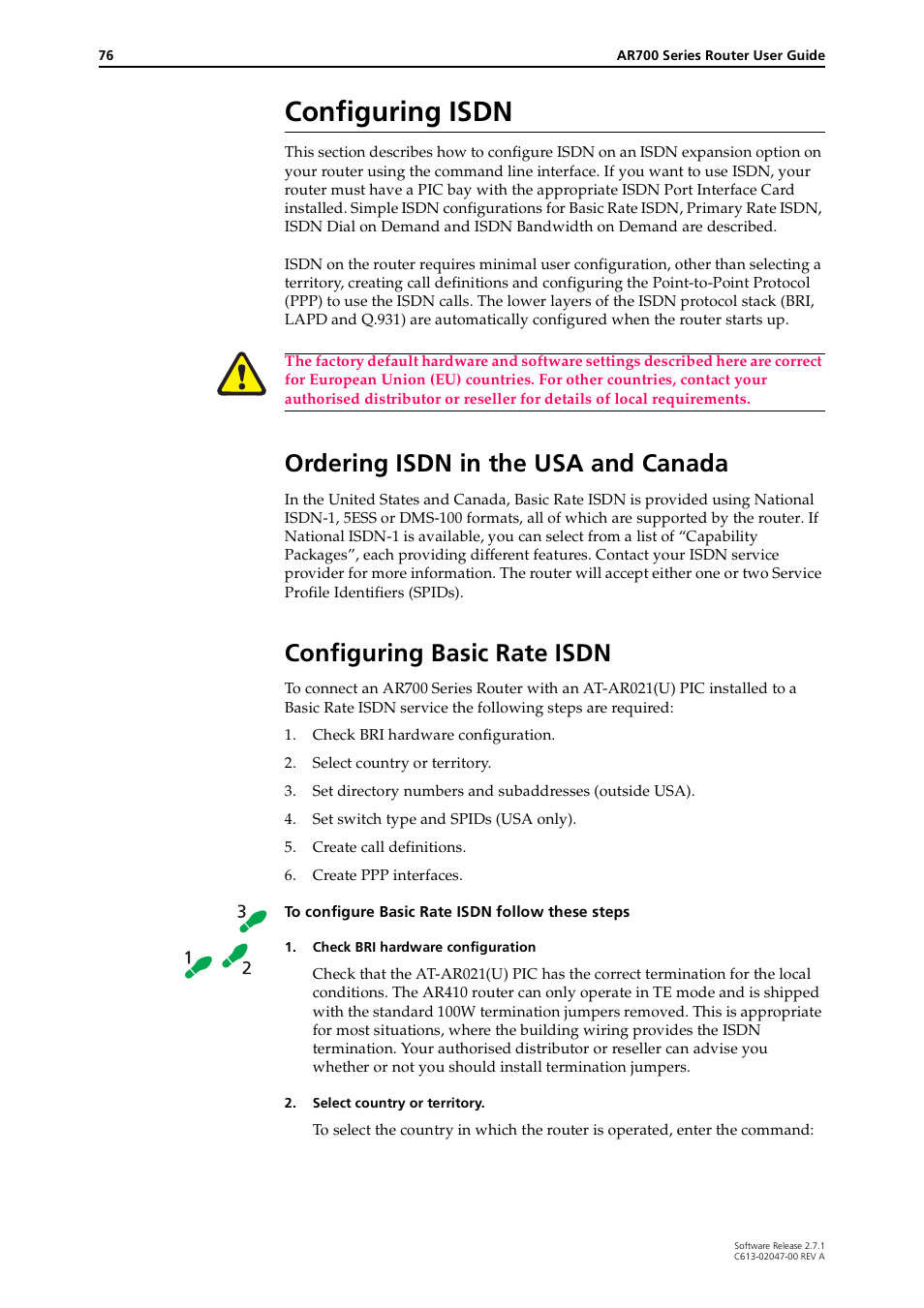 Configuring isdn, Ordering isdn in the usa and canada, Configuring basic rate isdn | Allied Telesis AR700 SERIES Software Release 2.7.1 User Manual | Page 76 / 118