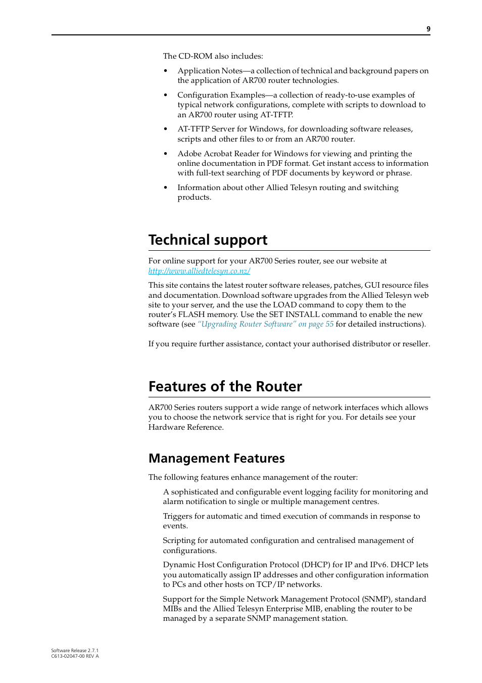 Technical support, Features of the router, Management features | Technical support features of the router | Allied Telesis AR700 SERIES Software Release 2.7.1 User Manual | Page 9 / 118
