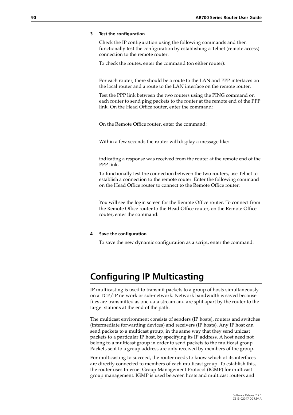 Configuring ip multicasting | Allied Telesis AR700 SERIES Software Release 2.7.1 User Manual | Page 90 / 118