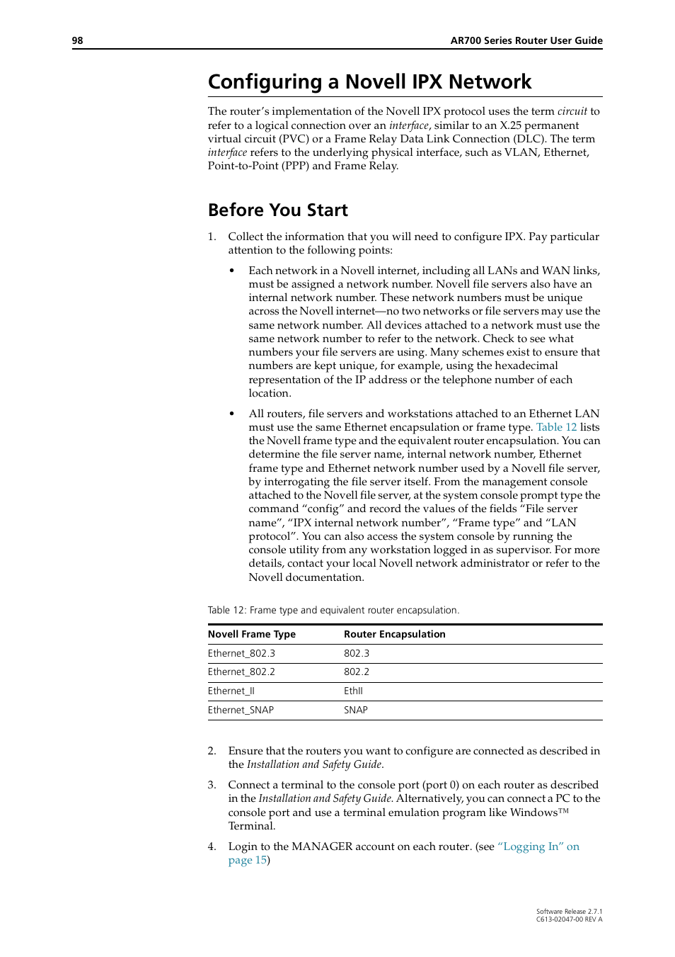 Configuring a novell ipx network, Before you start | Allied Telesis AR700 SERIES Software Release 2.7.1 User Manual | Page 98 / 118