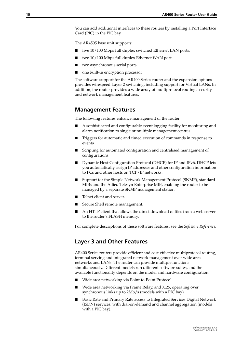 Management features, Layer 3 and other features, Management features layer 3 and other features | Allied Telesis AR400 SERIES Software Release 2.7.1 User Manual | Page 10 / 134