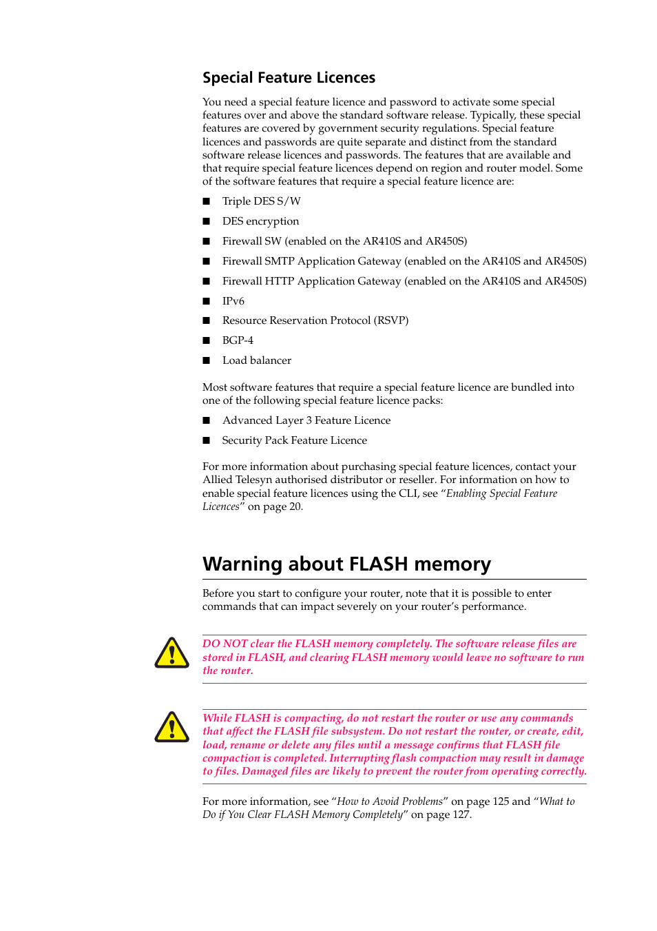 Special feature licences, Warning about flash memory | Allied Telesis AR400 SERIES Software Release 2.7.1 User Manual | Page 12 / 134