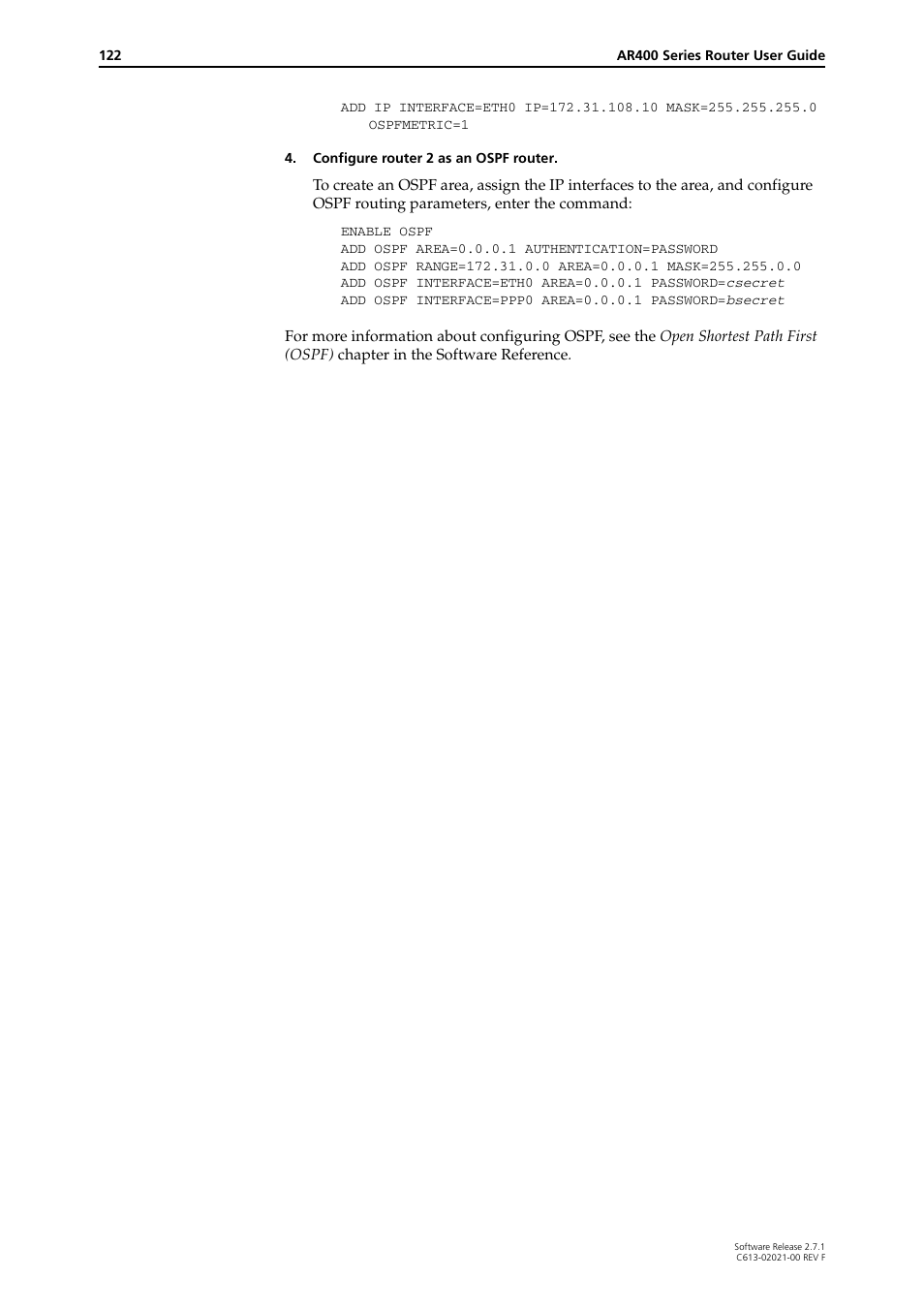 Allied Telesis AR400 SERIES Software Release 2.7.1 User Manual | Page 122 / 134