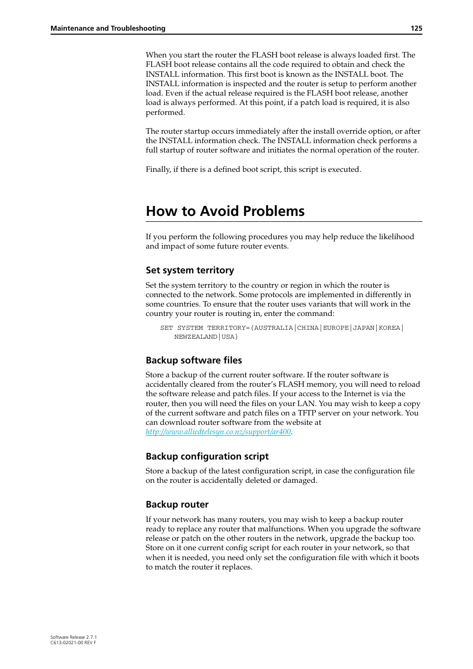 How to avoid problems | Allied Telesis AR400 SERIES Software Release 2.7.1 User Manual | Page 125 / 134