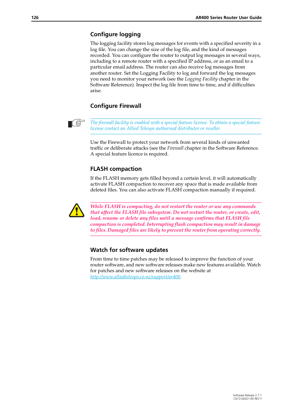 Configure logging, Configure firewall, Flash compaction | Watch for software updates | Allied Telesis AR400 SERIES Software Release 2.7.1 User Manual | Page 126 / 134