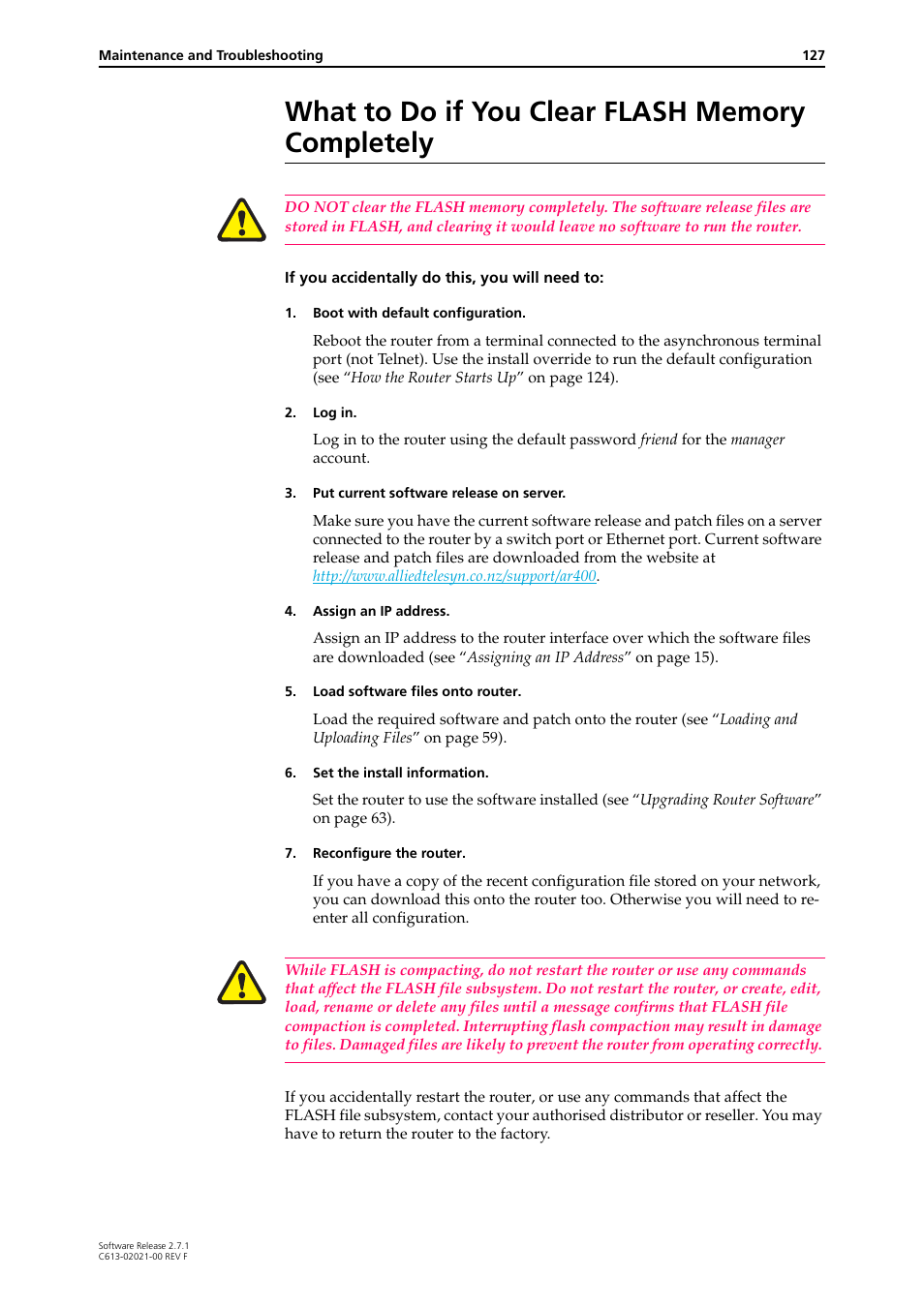 What to do if you clear flash memory completely | Allied Telesis AR400 SERIES Software Release 2.7.1 User Manual | Page 127 / 134