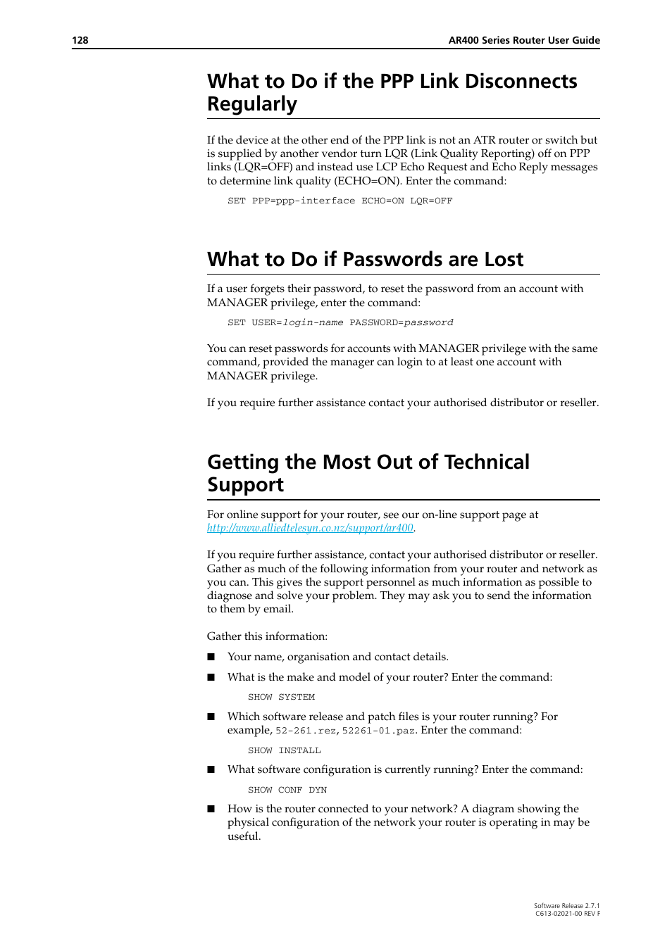 What to do if the ppp link disconnects regularly, What to do if passwords are lost, Getting the most out of technical support | Allied Telesis AR400 SERIES Software Release 2.7.1 User Manual | Page 128 / 134