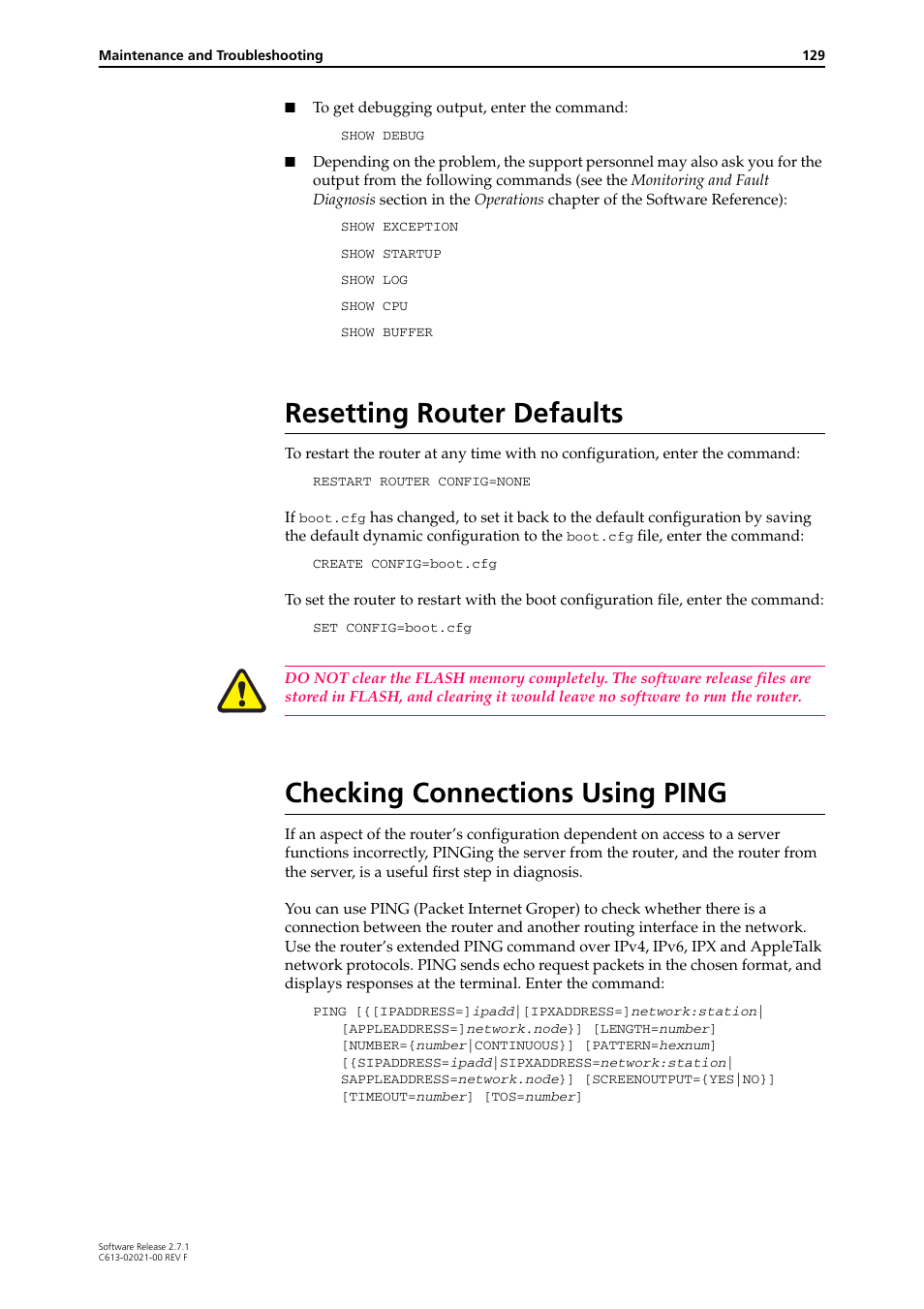 Resetting router defaults, Checking connections using ping | Allied Telesis AR400 SERIES Software Release 2.7.1 User Manual | Page 129 / 134