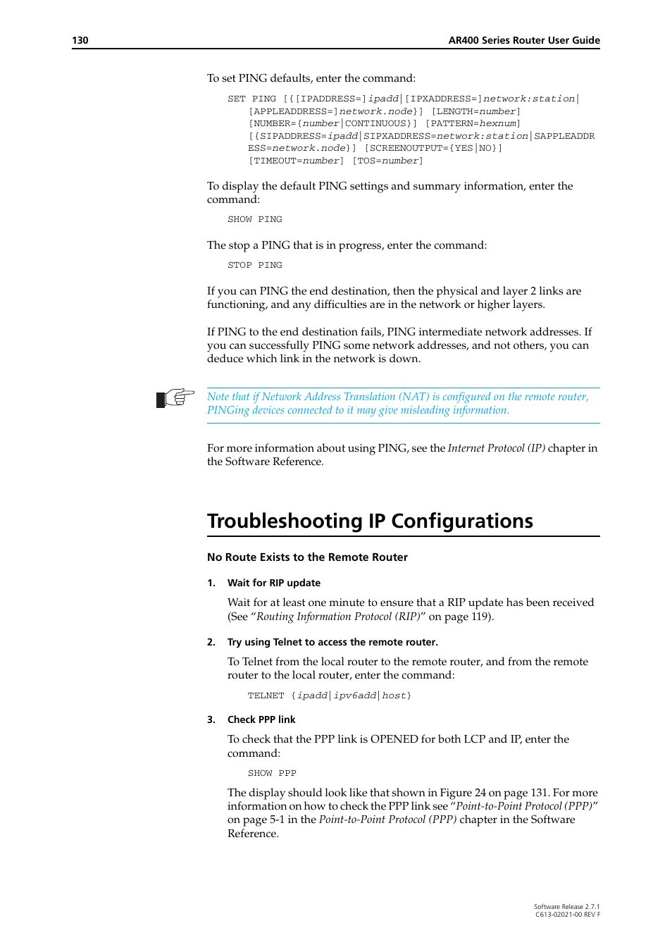 Troubleshooting ip configurations | Allied Telesis AR400 SERIES Software Release 2.7.1 User Manual | Page 130 / 134