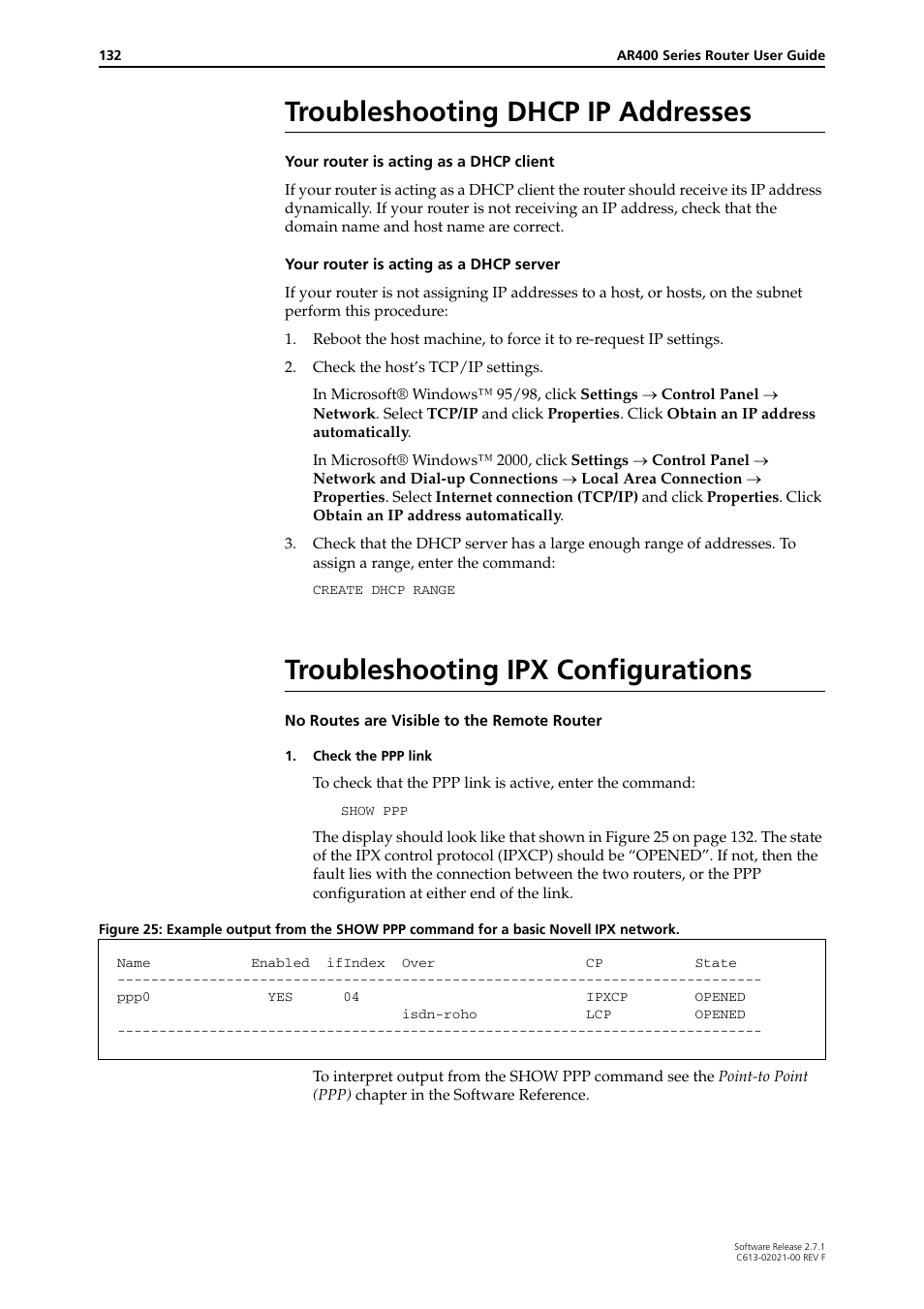 Troubleshooting dhcp ip addresses, Troubleshooting ipx configurations | Allied Telesis AR400 SERIES Software Release 2.7.1 User Manual | Page 132 / 134