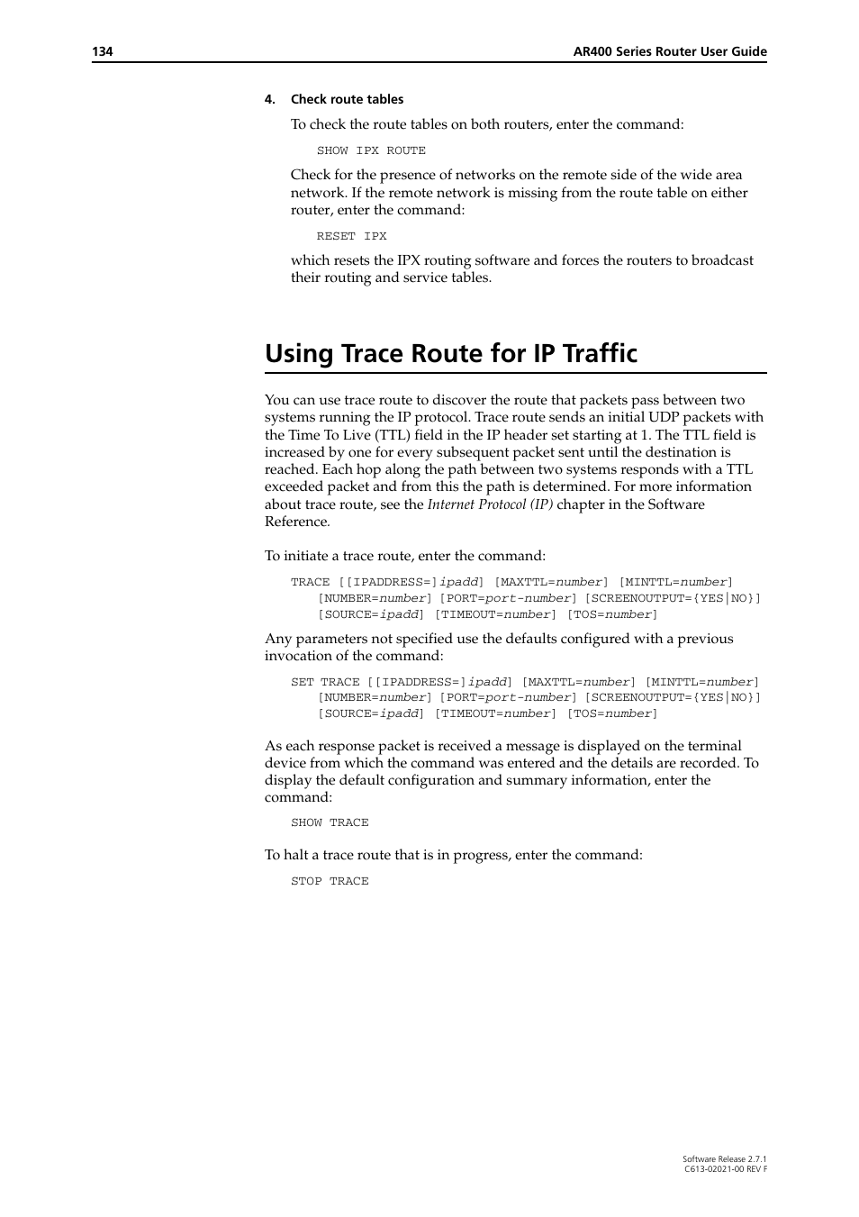 Using trace route for ip traffic | Allied Telesis AR400 SERIES Software Release 2.7.1 User Manual | Page 134 / 134