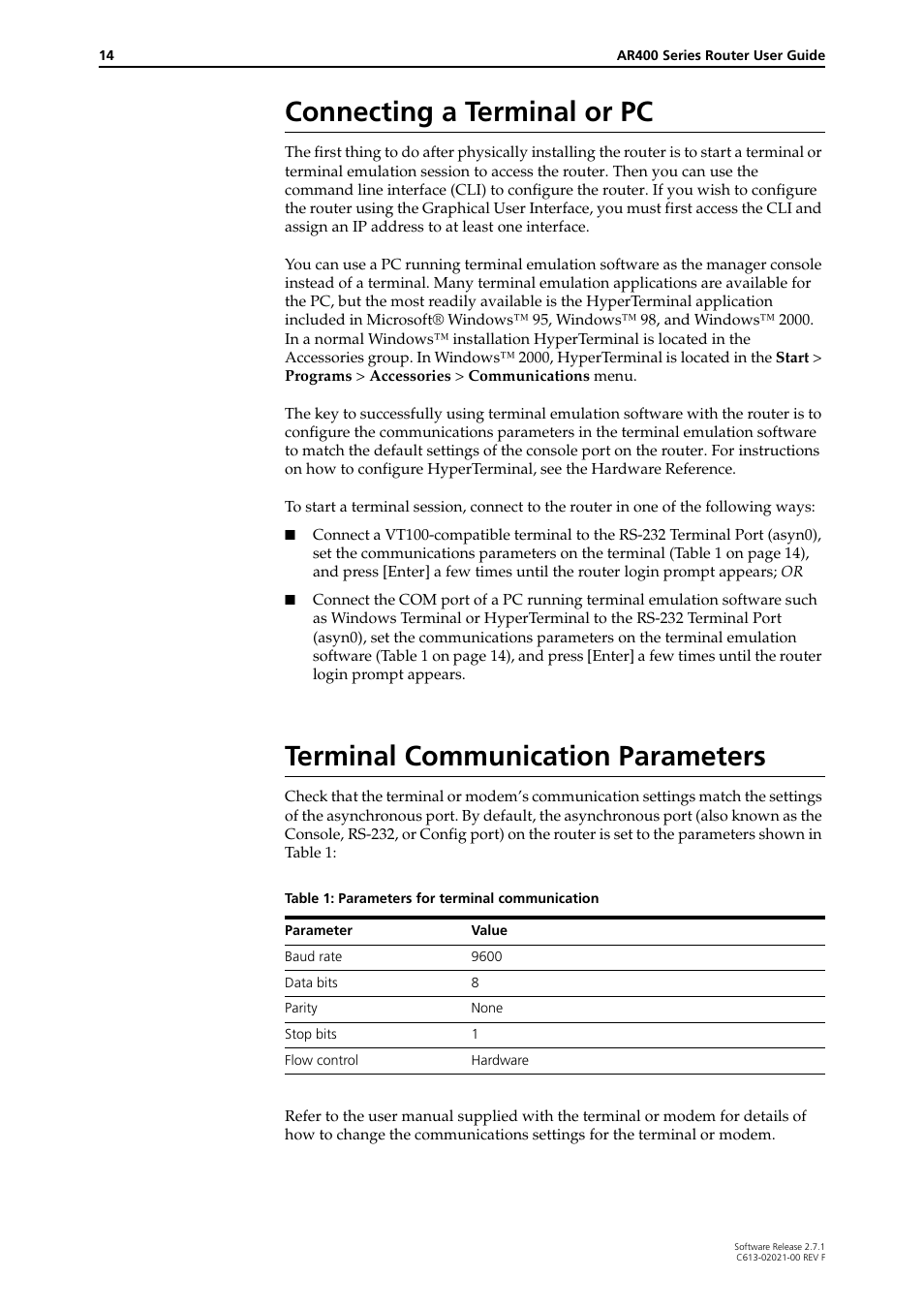 Connecting a terminal or pc, Terminal communication parameters | Allied Telesis AR400 SERIES Software Release 2.7.1 User Manual | Page 14 / 134