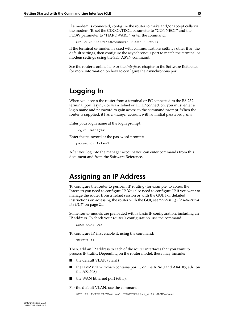 Logging in, Assigning an ip address, Logging in assigning an ip address | Allied Telesis AR400 SERIES Software Release 2.7.1 User Manual | Page 15 / 134