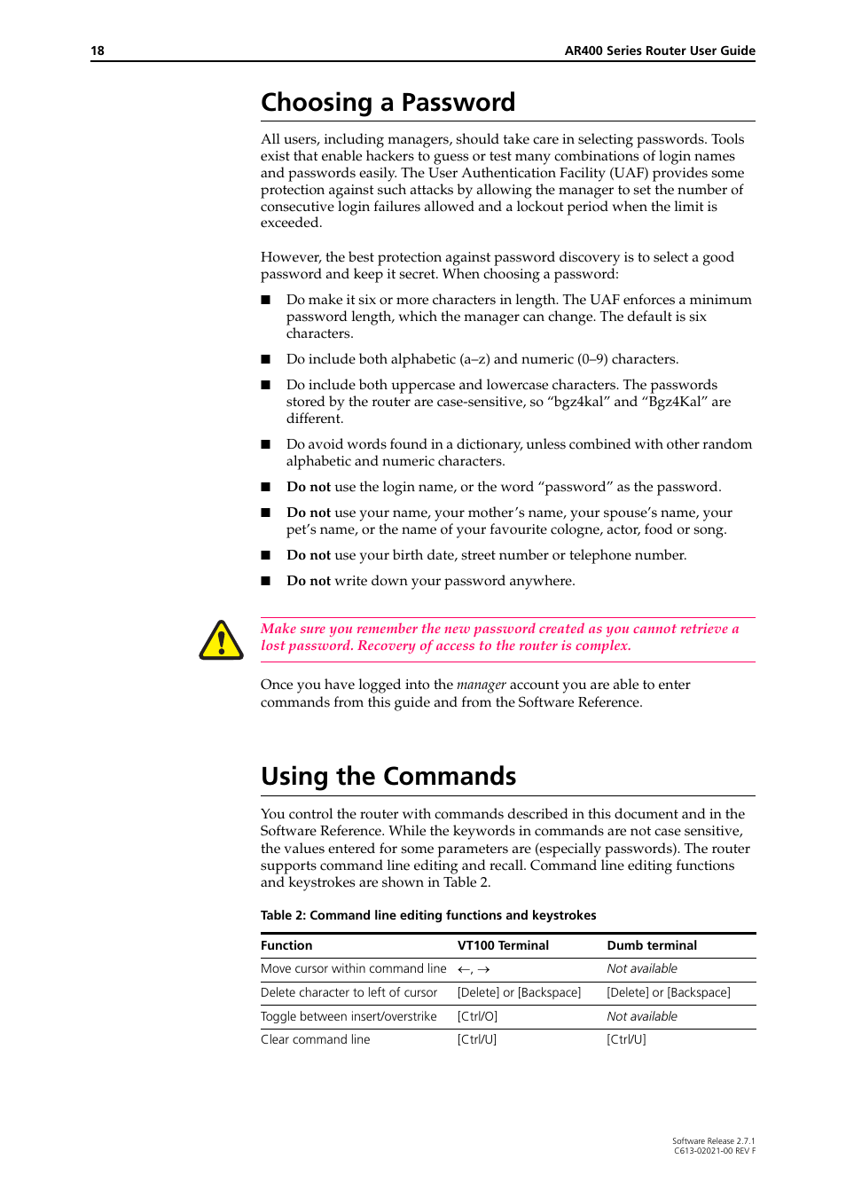 Choosing a password, Using the commands, Choosing a password using the commands | Allied Telesis AR400 SERIES Software Release 2.7.1 User Manual | Page 18 / 134