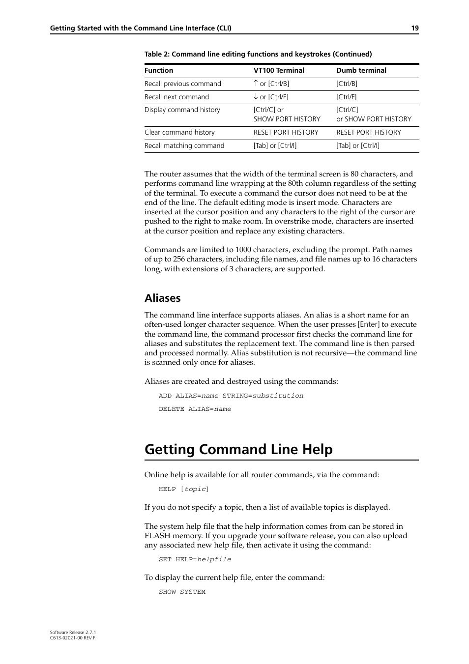 Aliases, Getting command line help | Allied Telesis AR400 SERIES Software Release 2.7.1 User Manual | Page 19 / 134
