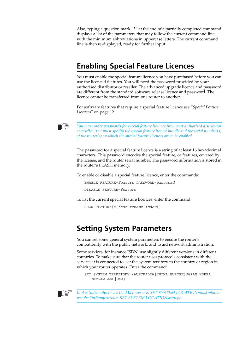 Enabling special feature licences, Setting system parameters | Allied Telesis AR400 SERIES Software Release 2.7.1 User Manual | Page 20 / 134