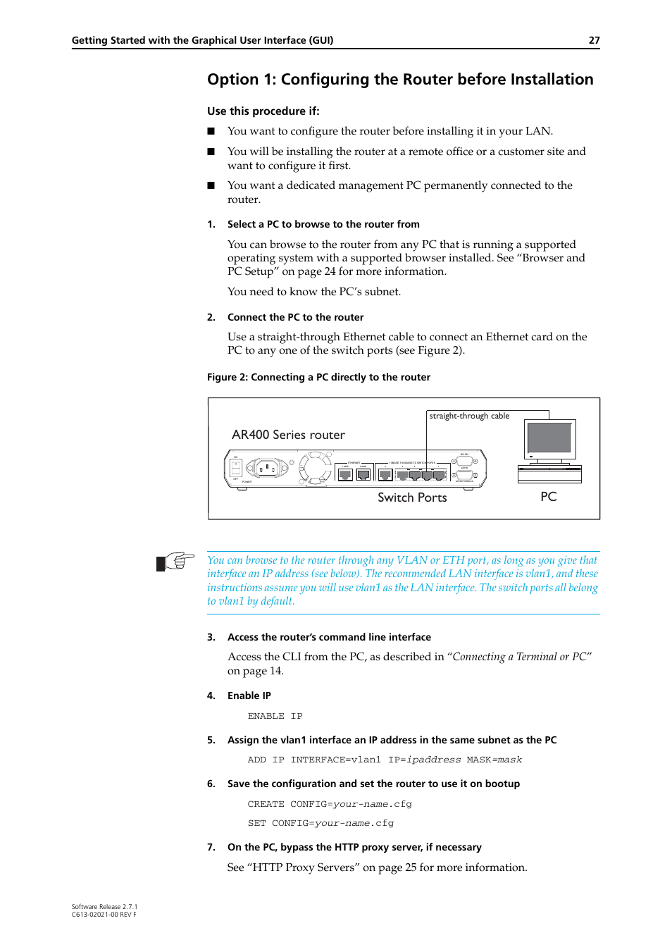 See “option 1: configuring, The router before, Pc ar400 series router switch ports | Use this procedure if | Allied Telesis AR400 SERIES Software Release 2.7.1 User Manual | Page 27 / 134
