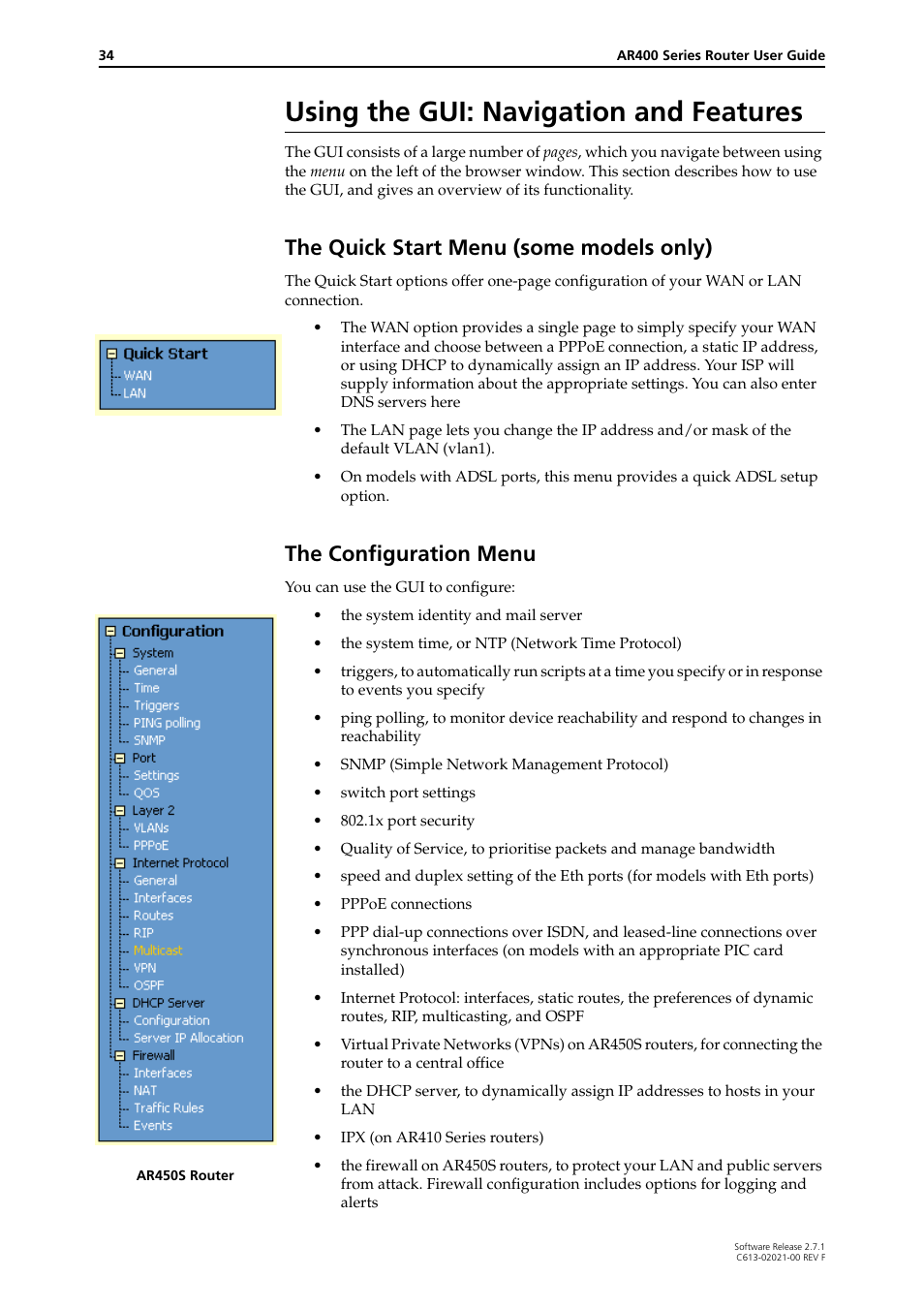 Using the gui: navigation and features, The quick start menu (some models only), The configuration menu | Allied Telesis AR400 SERIES Software Release 2.7.1 User Manual | Page 34 / 134