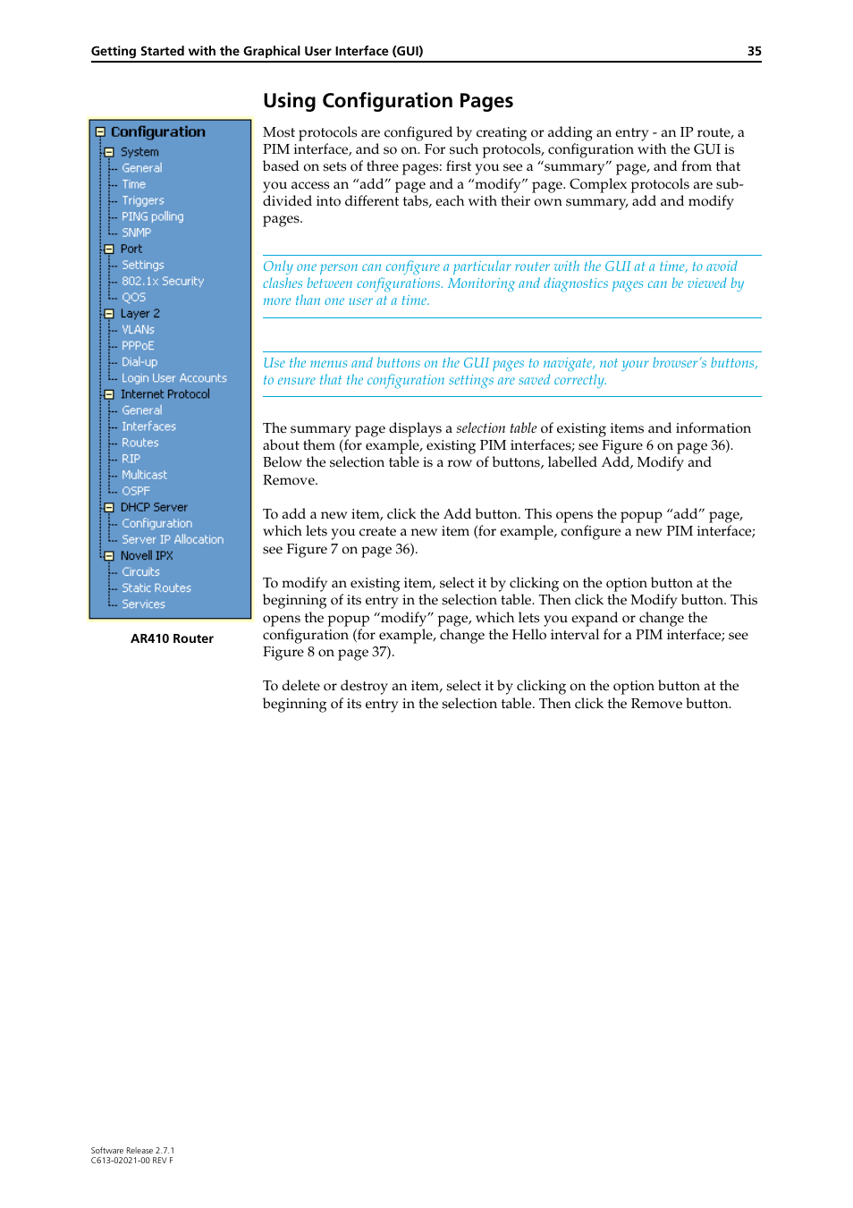 Using configuration pages | Allied Telesis AR400 SERIES Software Release 2.7.1 User Manual | Page 35 / 134