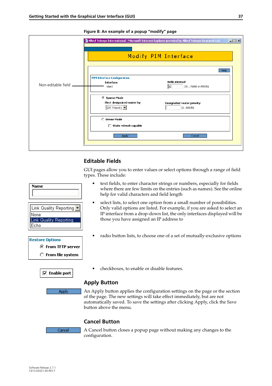 Editable fields, Apply button, Cancel button | Allied Telesis AR400 SERIES Software Release 2.7.1 User Manual | Page 37 / 134