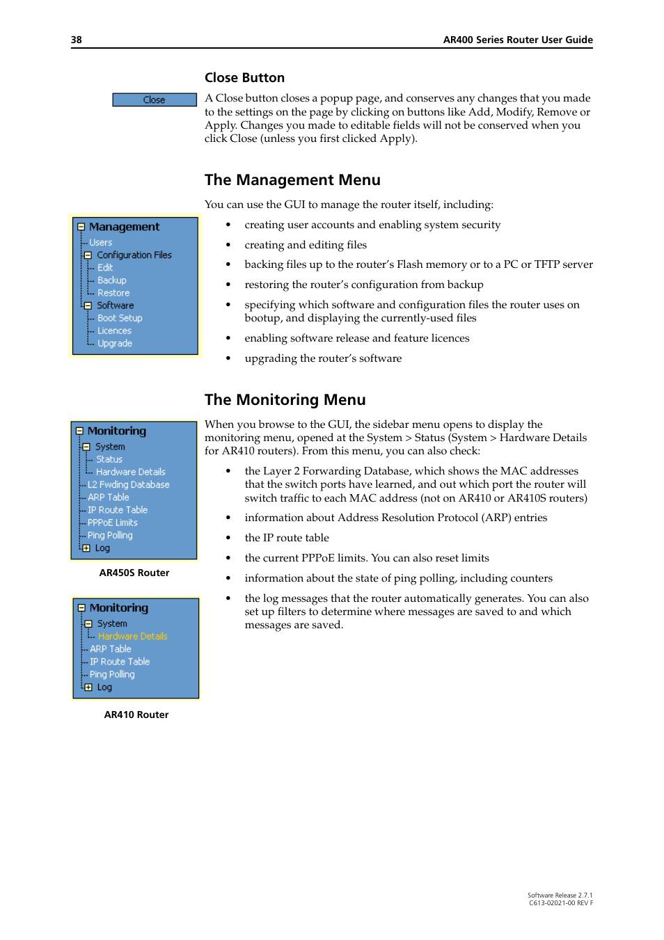 The management menu, The monitoring menu, The management menu the monitoring menu | Close button | Allied Telesis AR400 SERIES Software Release 2.7.1 User Manual | Page 38 / 134