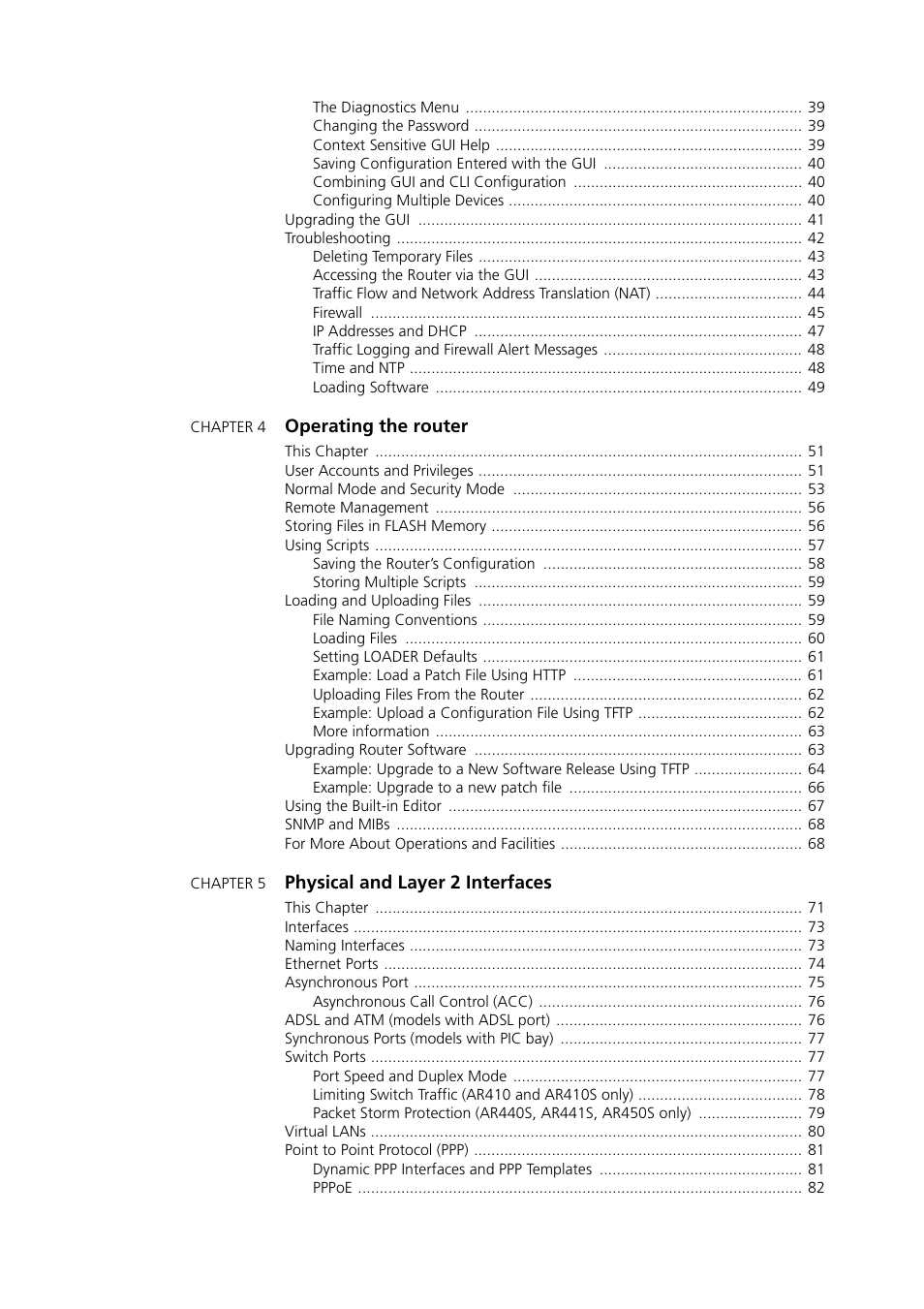 Chapter 4, Chapter 5, Operating the router | Physical and layer 2 interfaces | Allied Telesis AR400 SERIES Software Release 2.7.1 User Manual | Page 4 / 134