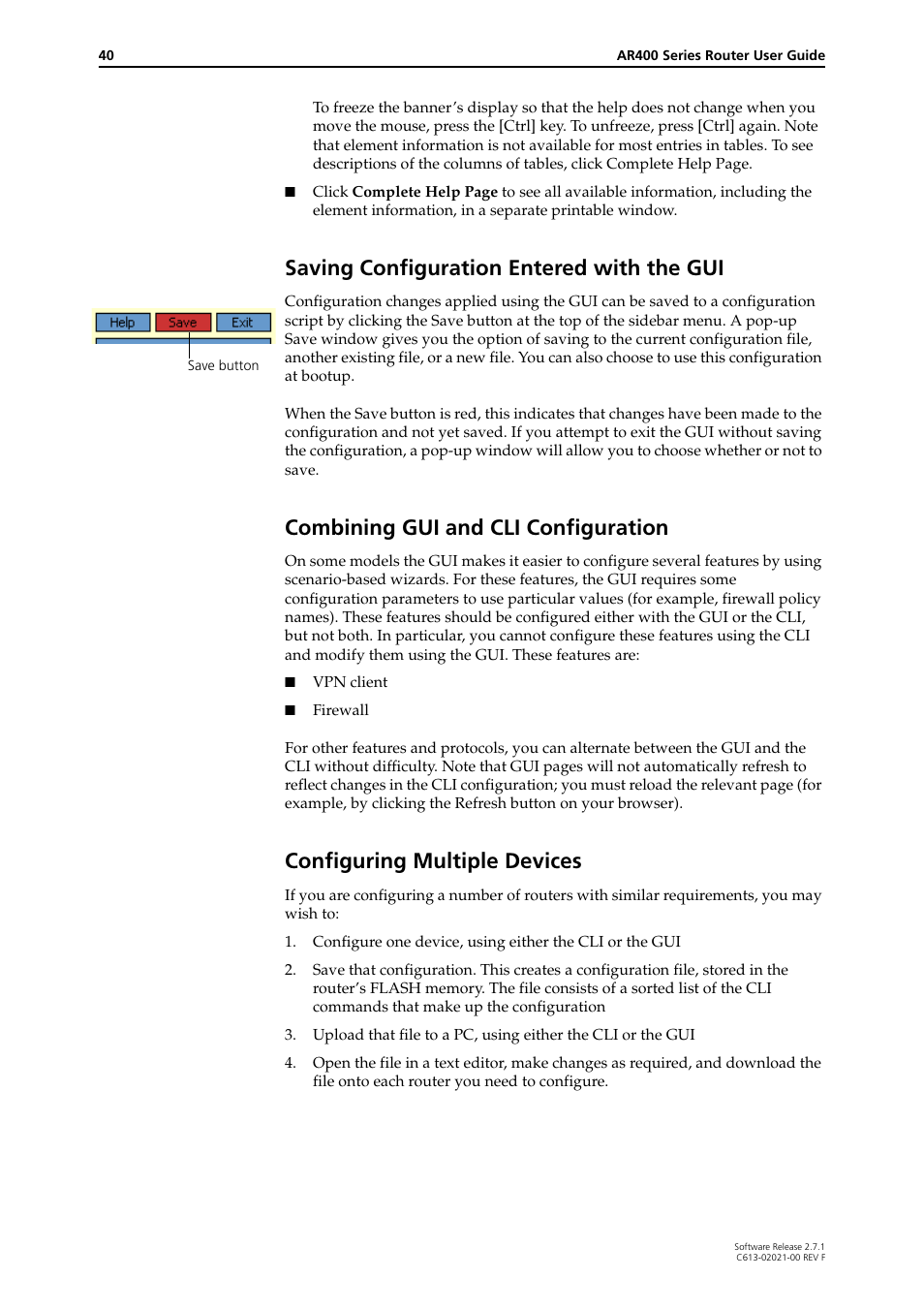 Saving configuration entered with the gui, Combining gui and cli configuration, Configuring multiple devices | Allied Telesis AR400 SERIES Software Release 2.7.1 User Manual | Page 40 / 134