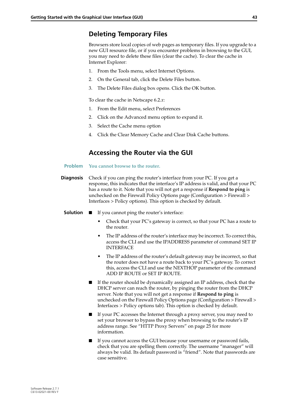 Deleting temporary files, Accessing the router via the gui | Allied Telesis AR400 SERIES Software Release 2.7.1 User Manual | Page 43 / 134